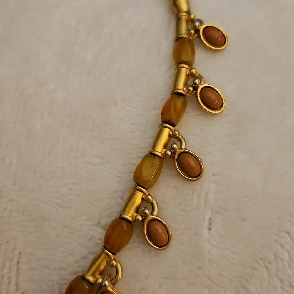 Vtg MONET Two-tone Matte Gold and Burnt Orange Beaded Charm Necklace
